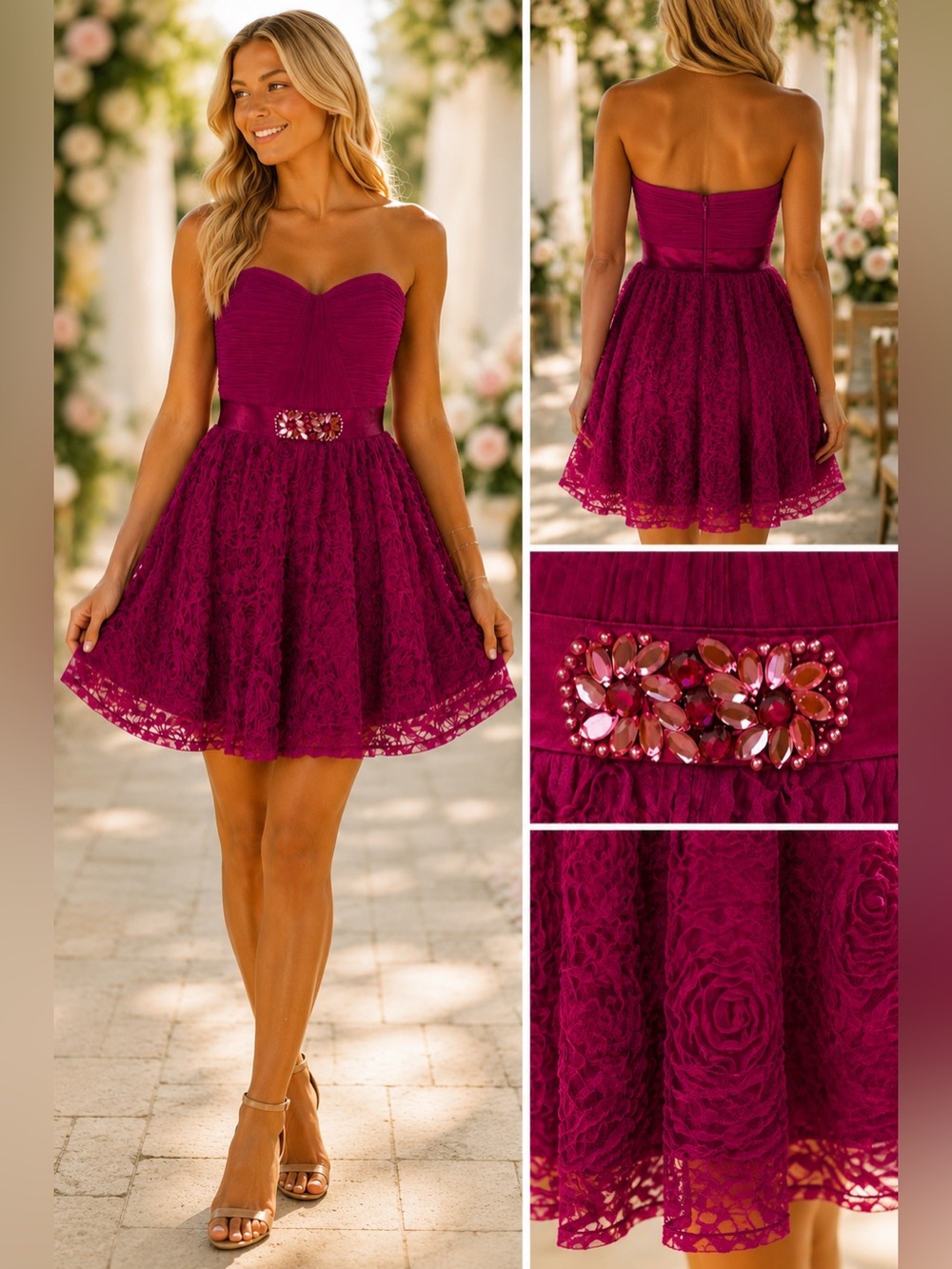 Adrianna Papell Evening Strapless Rosette Party Dress Pink Beaded Size 6 Fairy